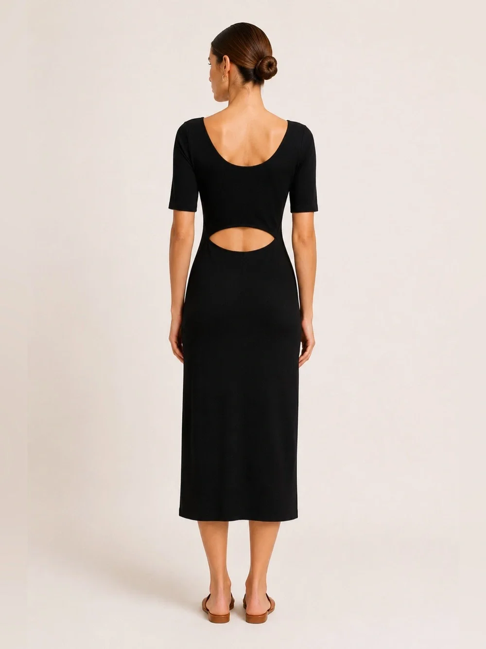 Theory Black Knit Midi Dress Open Back Cutout Minimalist Sheath S